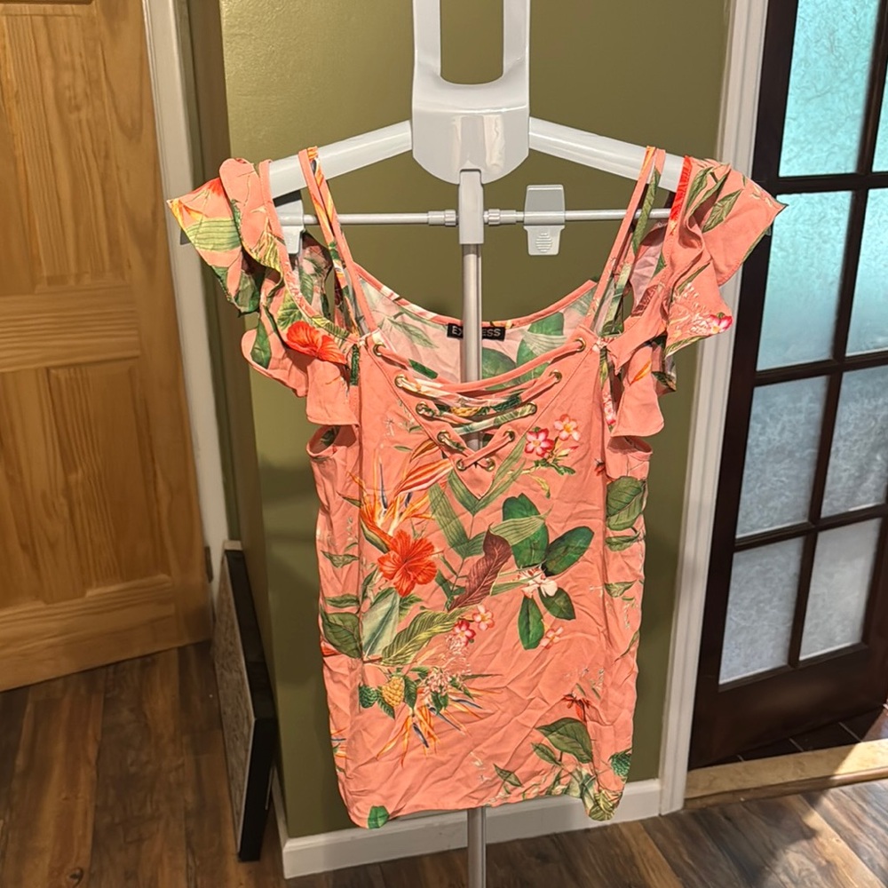 Express Pink Ruched Flutter Sleeve Blouse